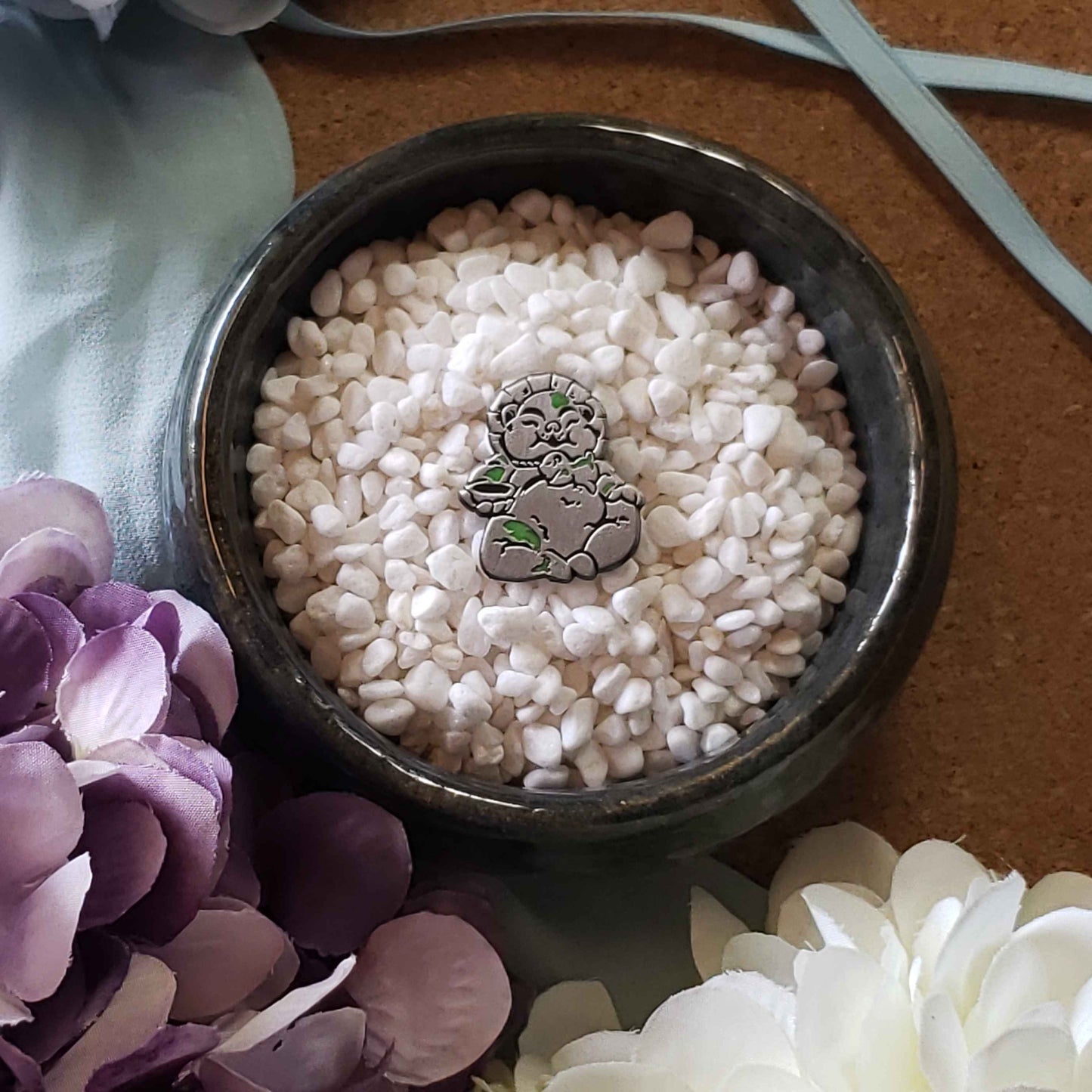 Ioroi and Little Tanuki Statue Pearl Enamel Pins